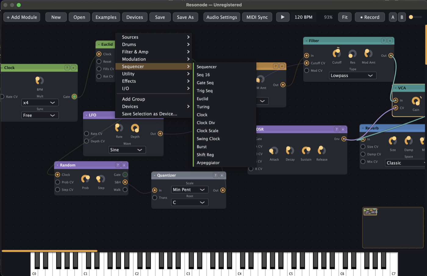 Resonode's add menu open over the canvas, showing the Sequencer category with thirteen sequencer and clock modules