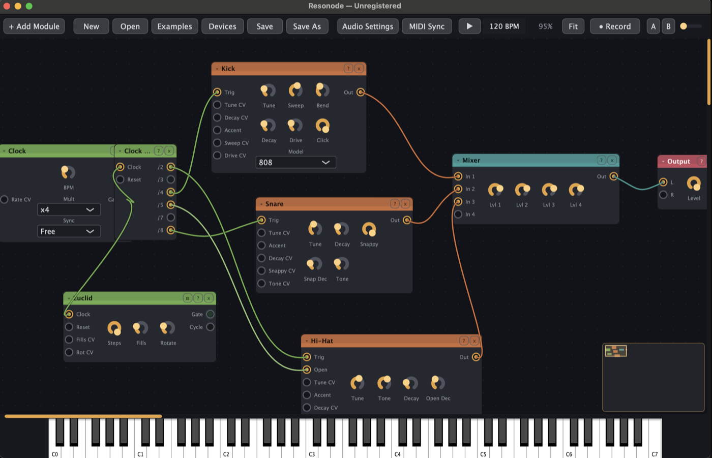 A drum patch in Resonode: a Clock divided by Clock Div and sequenced by Euclid, triggering Kick, Snare and Hi-Hat modules into a Mixer and the Output