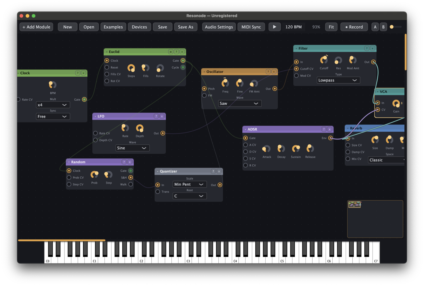 A generative patch in Resonode: Clock, Euclid and Random driving a Quantizer into an Oscillator, Filter, VCA and Reverb, with an LFO patched to the filter cutoff