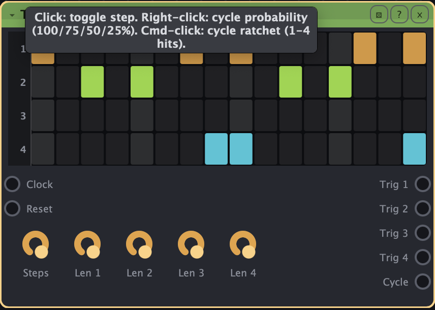 The Trig Seq module: a four-lane step grid with coloured active steps, per-lane Len knobs, and a tooltip reading 'Click: toggle step. Right-click: cycle probability (100/75/50/25%). Cmd-click: cycle ratchet (1–4 hits).'